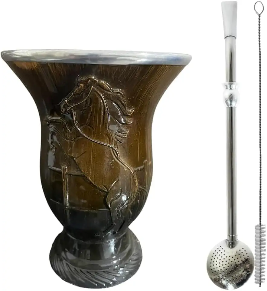 Kit Cuia de Chimarrão Artesanal com Gravura de Cavalo, Marrom Escuro, com Bomba de Chimarrão Inox 21cm C/Anel Cuia com Rosca e Bocal Duplo + Escova de Limpeza