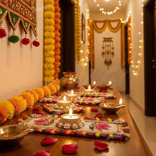 Image of Divyakosh Handmade Lotus Tea Light Table Runner Set of 2 with Led T-Light | Decorative Center Table Runner with Candle Holder | Diwali, Pooja, Wedding & Festive Home Decor