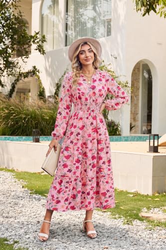 Image of GRACE KARIN Women's Floral Maxi Dress 2026 Fall Long Sleeve V Neck Empire Waist A Line Flowy Dress with Pocket