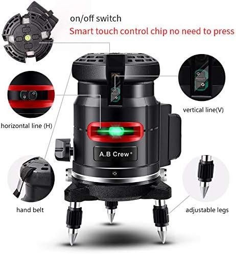 A.B Crew 360°Self Leveling Laser Level Green Beam 5 Lines 6 Points Laser Level Horizontal/Vertical Cross Line Straight/Tilt Line Rechargeable Dust Proof Rubber Touch Keypad Rotary Base