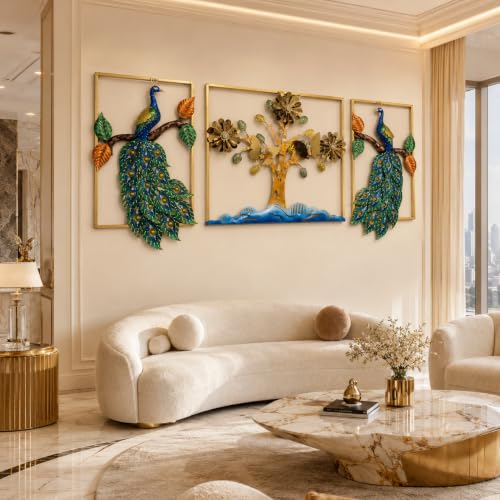 Image of SHREE 'O' GREEN TECH - Big Iron Peacock Wall Hanging with Tree of Life Floral Leaves Vibrant Feather Design Large Framed Artwork for Living Room Bedroom Office Hotel Decor (Set of 3)