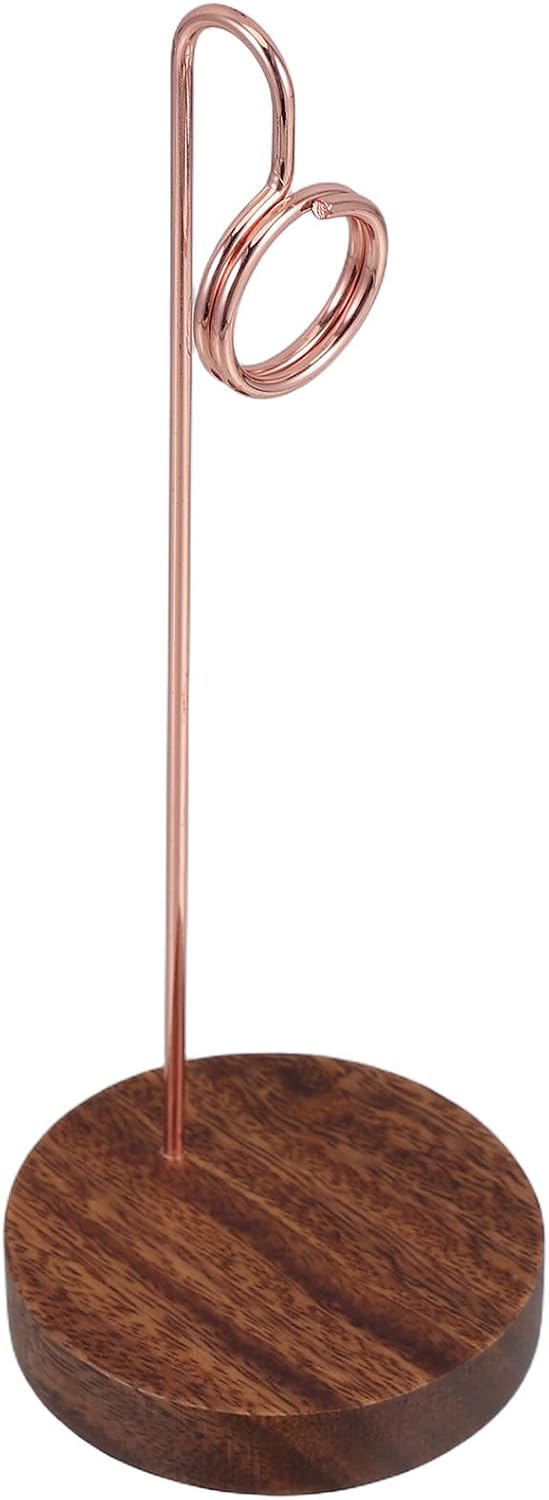 Multifunctional Walnut Wood and Iron Desk Card Holder Stand, Space-Saving Upright Table Photo Clip and Sign Holder for Offices and Cafes, Modern Elegant Design for Displaying Memos