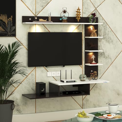 Image of Anikaa Wintor Engineered Wood Wall Mounted TV Unit with 4 LED Lights, 3 Open Shelves, 1 Storage Box & Decorative Display Shelf for Living Room | Ideal for Upto 43 Inch TV- Wenge /White(DIY Assembly)