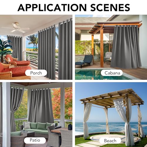 Deconovo Blickdicht Vorhänge Outdoorvorhänge Gardinen Terrassen Sichtschutz Outdoor Vorhang Wetterfest Wasserdicht Sonnenschutz für Balkon Pavillon, 214x132 cm(HöhexBreite), Grau, 2er Set