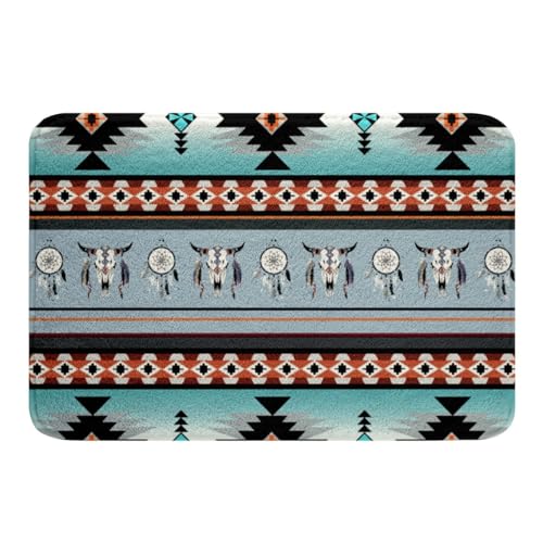 Erosebridal Western Boho Area Rug 16"x24",Cow Dream Catcher Bath Mat Southwestern Bath Rugs,Ethnic Tribe Arrow Aztec Kitchen Rugs Retro Vintage Exotic Longhorn Skull Bohemian Decor Green