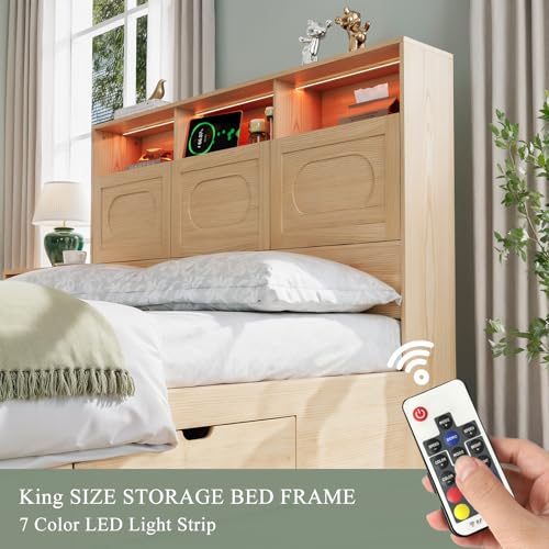 Image of 2 Pieces Bedroom Set, Queen Size Bed Frame with Storage Headboard, Nightstand with Charging Station, Natural Oak