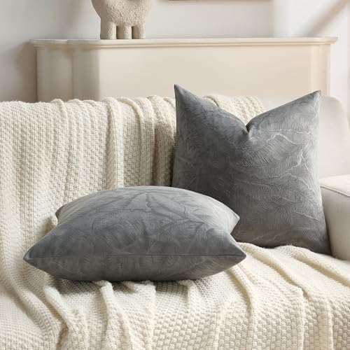Image of FUTEI Pack of 2 Velvet Throw Pillow Covers 12x20 Inch Soft Embossed Leaf-Relief Textured Decorative Lumbar Pillowcases Modern Natural Farmhouse Accent for Couch Bed Living Room, Dark Grey