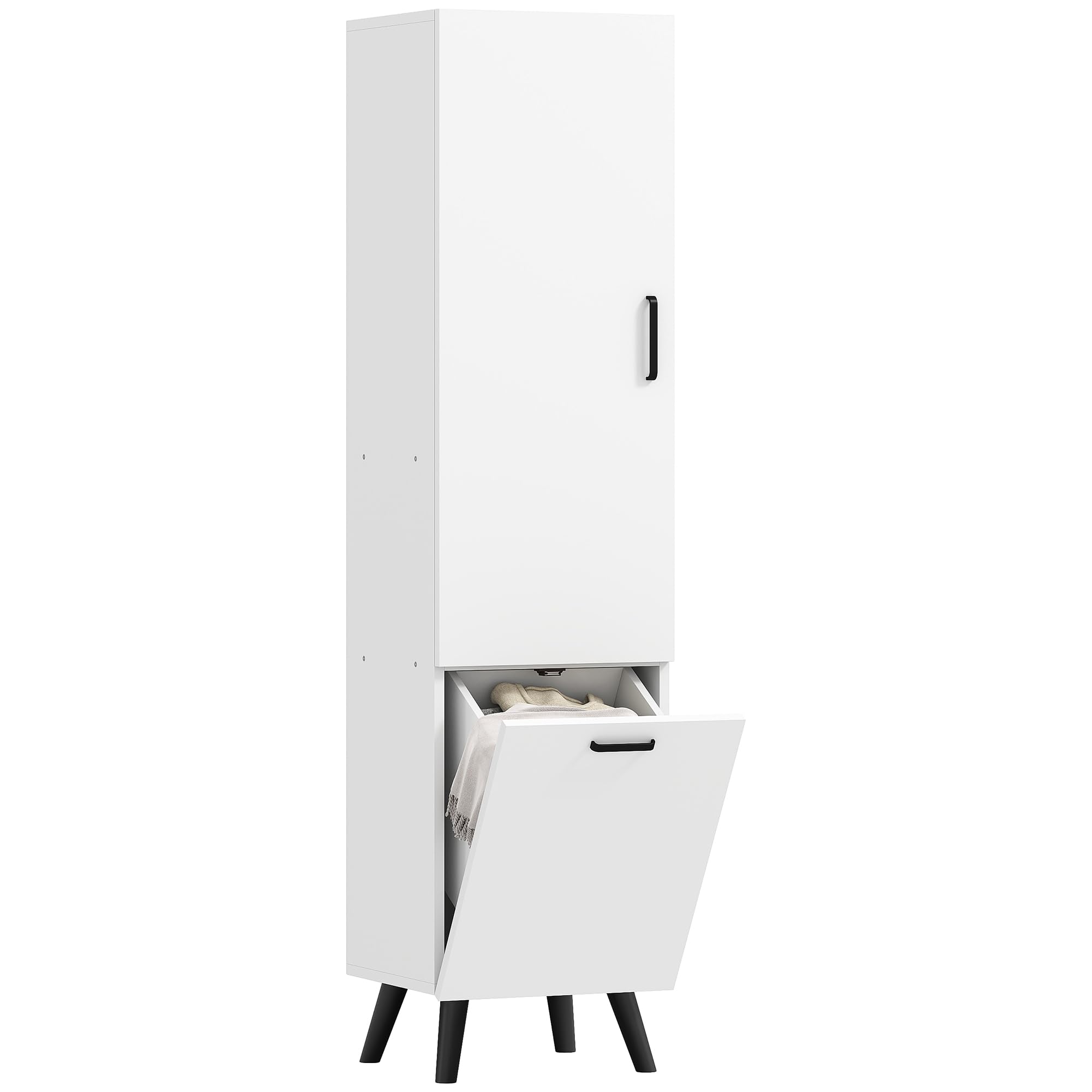 HOMCOM Armario de Baño Alto con Puerta y Estantes 35x31,5x144 cm Blanco | Columna de Baño Estrecha, Cesto para Ropa Sucia, Mueble Auxiliar para Cocina Salón