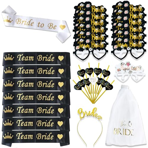 Hen Party Accessories Complete Set 47pcs - Black and Gold (10 Team Bride 1 Bride to Be Sash Straws Glasses Veil Tiara) Satin Sashes Bachelorette Parties Bridal Favours