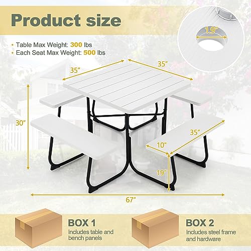 Image of Tangkula 8 Person Picnic Table, Outdoor Square Picnic Table with 4 Built-in Benches, Umbrella Hole, Metal Frame & HDPE Tabletop, Outside Table and Bench Set for Backyard, 2300lbs Weight Capacity