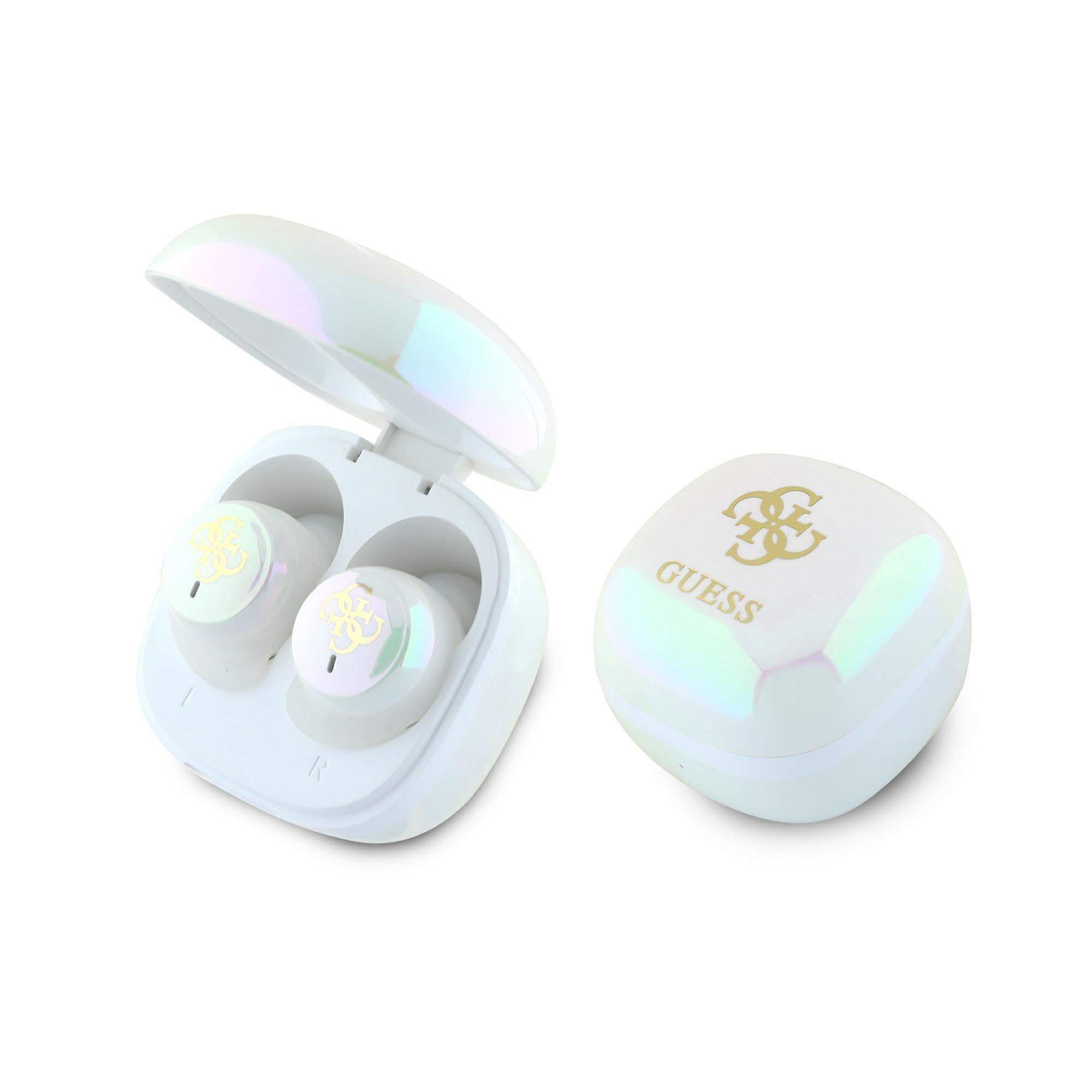 CG Mobile Guess Ecouteurs Bluetooth TWS + Station d'accueil Iridescent 4G Logo imprimé Blanc