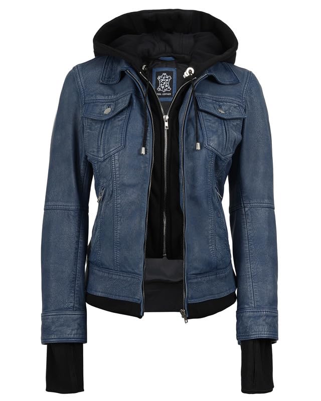 Image of Womens Leather Jacket with Detachable Hood - Real Lambskin Bomber Jacket Thumbholes Women