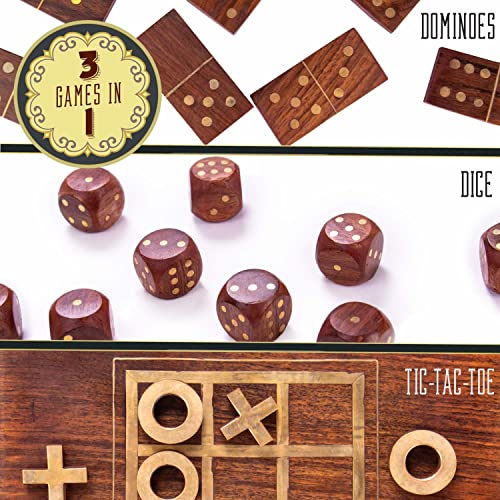 Brybelly Vintage Wooden 3-In-1 Parlour Game Set | 28 Dominoes, 9 Tic-Tac-Toe Tokens, & 10 Wooden Dice | Includes Engraved Travel Display Chest | Play 3 Classic Board Games #TOP5