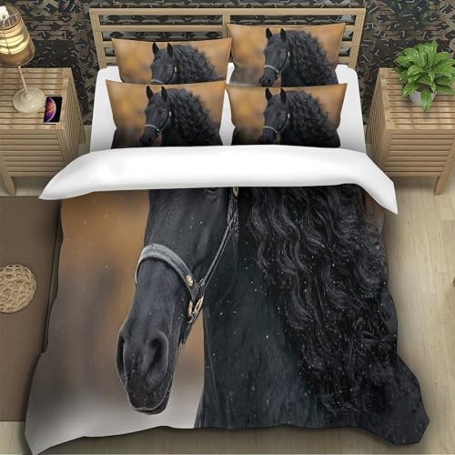 Parure de lit hypoallergique cheval noir housse de couette avec zip 135x200