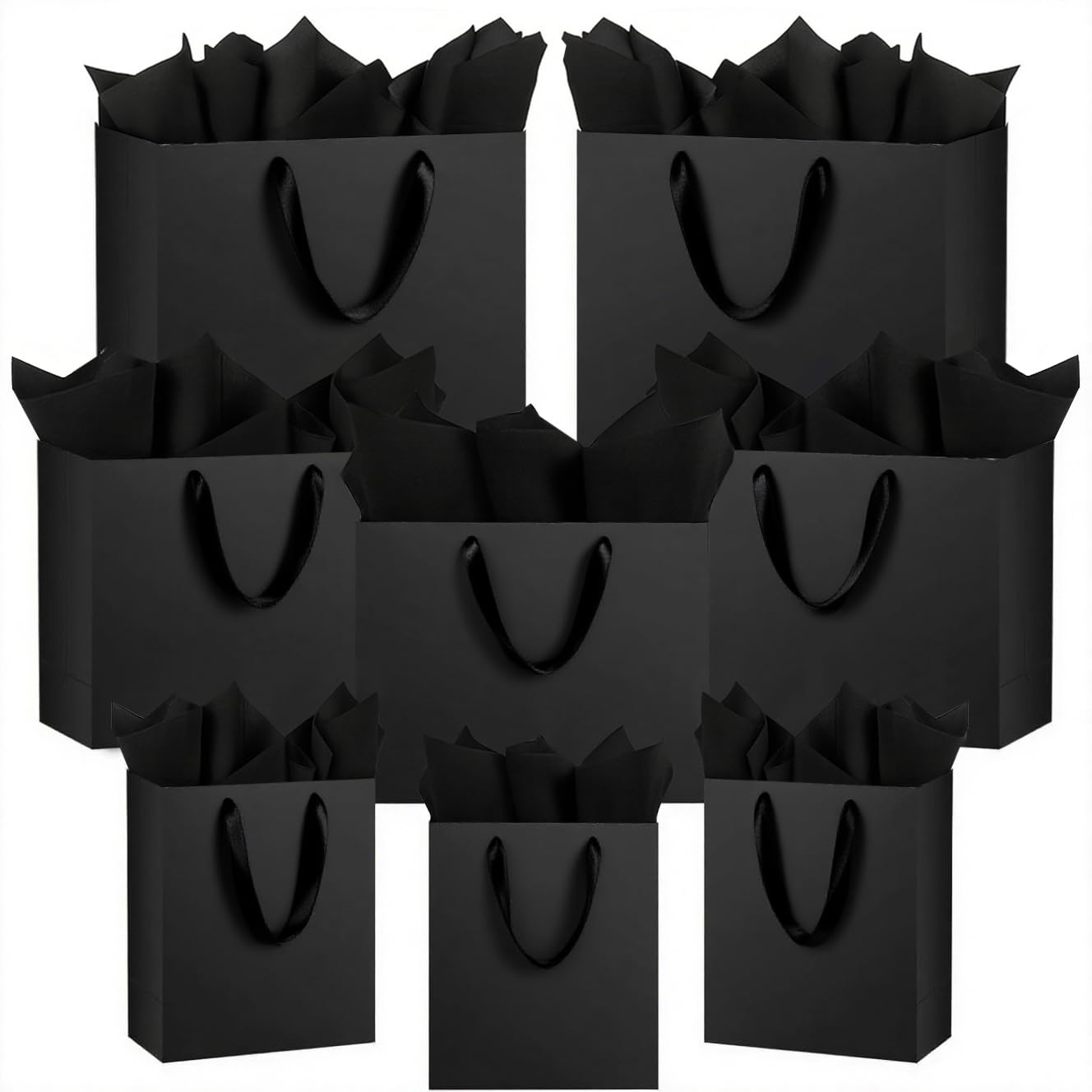OfficeCastle 12 Pack Black Gift Bags with Tissue Paper, 3 Sizes (Small 6", Medium 8.7", Large 12.6"), Paper Bags with Handles for Small Businesses, Weddings, and Parties — image 1