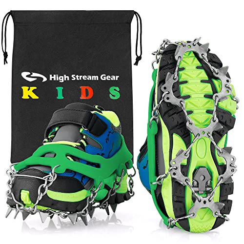 Kids Ice Cleats - Snow Crampons For Hiking Boots & Shoes With 14 Stainless Steel Spikes, Anti Slip Traction Grips For Boys And Girls, Microspikes For Hiking, Walking & Climbing On Snow (Small, Green) #TOP5
