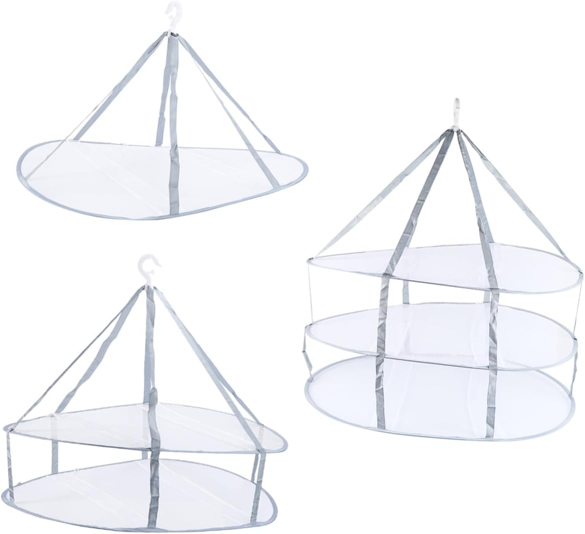 Housoutil 3pcs Clothes Drying Basket Set with Tuck Net for Sweaters and Socks, Household Hanging Clothes Rack, Foldable Laundry Storage Organizer for Indoor Use