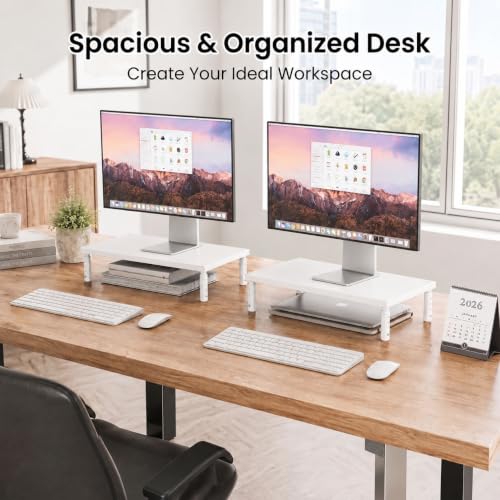 Image of OPNICE Adjustable Monitor Stand Riser for Desk, Wood Computer & Laptop Stand, Desk Organizers and Accessories, Office Desk Accessories & Workspace Organizer for Home Office Supplies, White