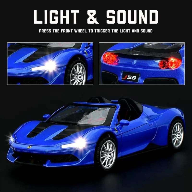 Image of Kids Model 1:32 Ferrari J50 Die Cast Metal Car Pull Back Action Opening Doors with Realistic Engine Sound Lights Toy Car Gift for Boys - Blue