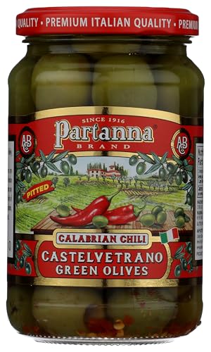 Partanna Calabrian Chili Pitted Olives - Authentic Calabrian - Product of Italy - Spicy, Bold, and Flavorful - Premium Handpicked Imported Italian Olives - 6.35 oz (0.40 LBS) Jar