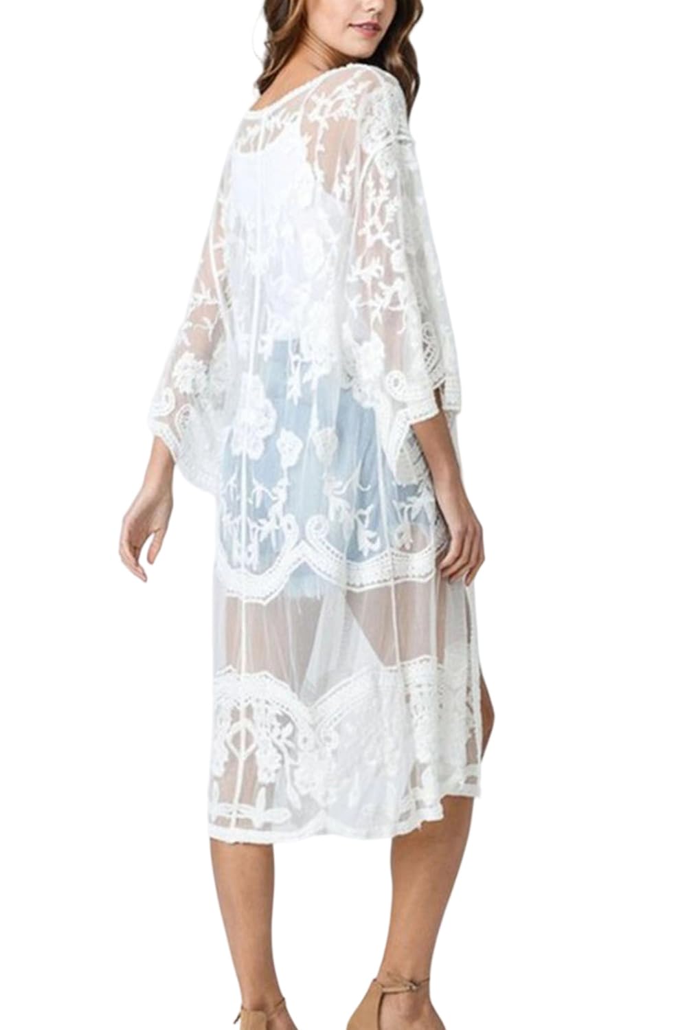 YouKD Women's Lace Cardigan See Through Dress Boho Long Kimono Beach Swimsuit Cover Up Dresses