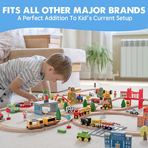 Image of Tiny Land 55PCS Wooden Train Set, Durable Wooden Railway Tracks | Compatible with Major Brand Tracks, Educational Toy for Toddlers & Kids Ages 3-7