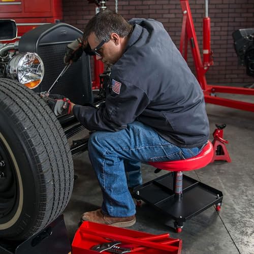 Image of Big RED Rolling Mechanic Stool with Tool Tray, Pneumatic Garage Seat, Adjustable Height Form 17 inch-22 inch,Storage Workshop Chair for Auto Repair