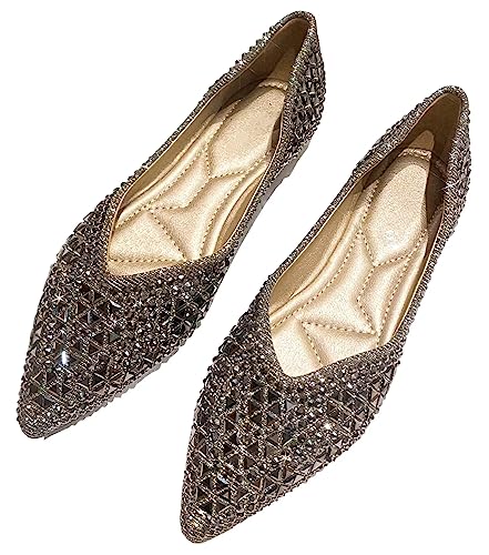 INEELUYI Women's Bling Rhinestone Pointy Toe V Cut Dress Flats Shoes Sexy Slip on Walking Flat Shoes