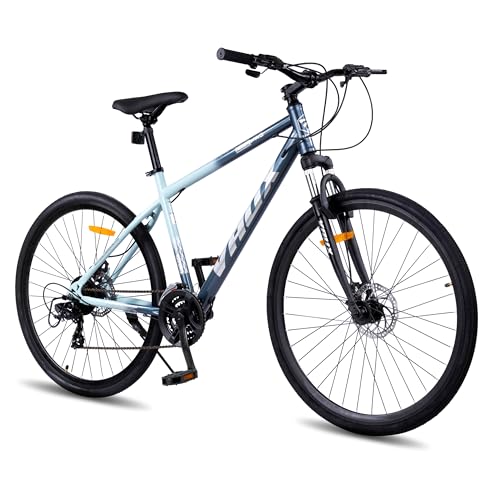 Image of Vaux City-Pro Hybrid Cycle for Adults with 21 Speed Shimano Gears| 19 Inch HI-Ten Steel Frame| Dual Disc Brakes| 700x35C Tyres|Double-Wall Alloy Rims(Nardo-Grey, Multispeed, Suspension Fork)