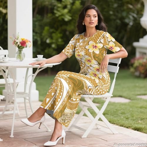 Image of Polynesian Dress for Women Short Sleeve High Waist Maxi Skirt | Puletasi dress, t-shirt and skirt two-piece, elastic material, lightweight, soft, plus size, luau party, wedding, clubwear