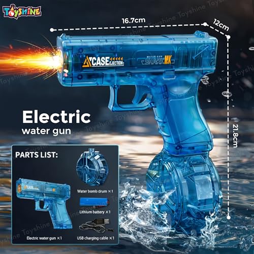 Image of Toyshine Rechargeable Automatic Holi Water Gun Toy with 330ml Capacity | Transparent Electric Water Squirt Gun with LED Light | Perfect for Holi Festival & Summer Outdoor Fun- Blue