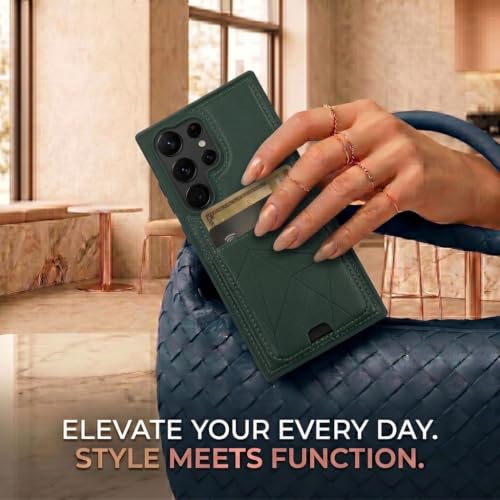Image of amazon basics Premium Vegan Leather Back Cover with Card Holder and Integrated Mobile Stand for Samsung Galaxy S23 Ultra 5G - Slim Shockproof Wallet Case with Geometric Stitching [Green]