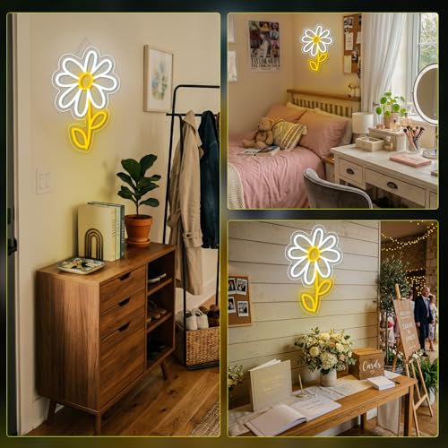Image of ineonlife Daisy Flower Neon Sign White Gold LED Neon Lights Boho Decor for Bedroom Wall Decor Led Sign Light Up for Room Decor Party Bedroom Classroom Wall Hanging Decoration Gifts