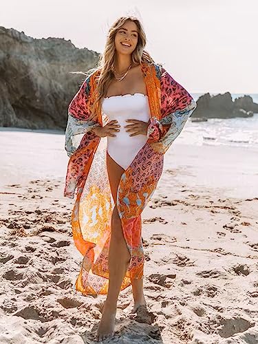 Image of Breezy Lane Women's Kimono Cardigan Summer Swimsuit Coverups Beach Cover Up with Floral Print for Vacation