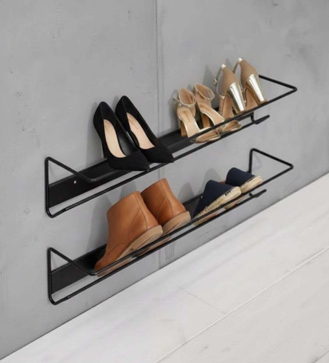 Wall-Mounted Metal Shoe Rack, Black, Modern Wire Design, Space-Saving Entryway Storage Shelf-picture-42