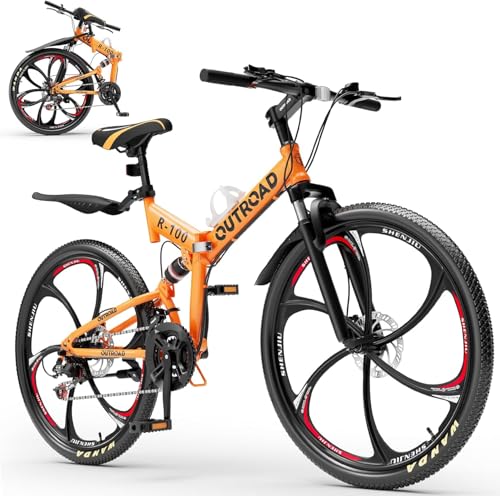 Max4out 26 Inch Folding Mountain Bike, 21 Speed Full Suspension Bicycle with High-Carbon Steel, Dual Disc Brake Non-Slip Quick Release tire MTB for Adults/Men/Women,HM-Orange