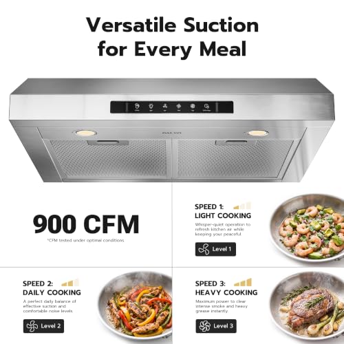 Image of 30 Inch Under Cabinet Range Hood with 900 CFM, 3 Speed Gesture Sensing Kitchen Ducted Exhaust Hood & Touch Control Panel, Stainless Steel Stove Vent Hood with 2 LED Lights