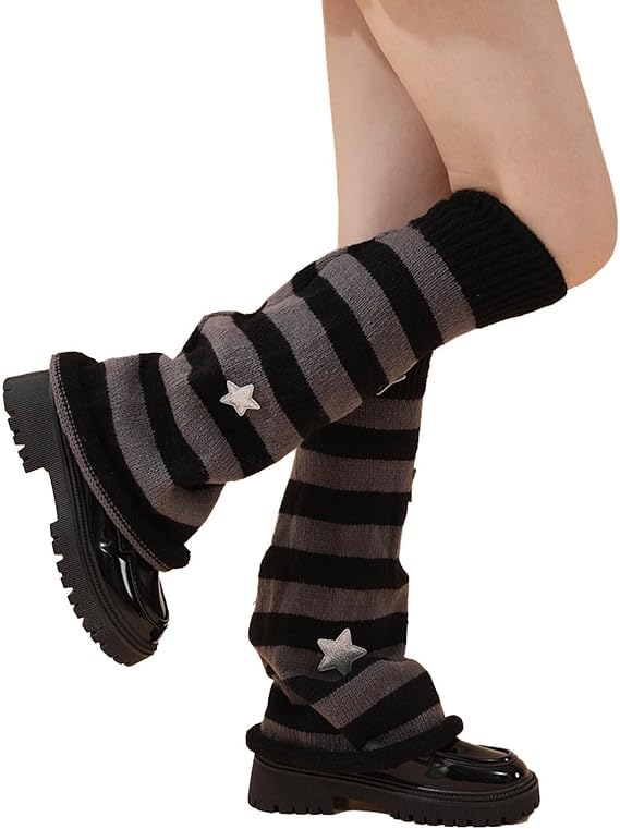 Leg Warmers for Women,Girls Star Pattern Knitted Leg Warmers,Y2K Kawaii Leg Warmers, Women Fashion Knitted Socks,80s Party Accessories Clothes One Size Black Gray