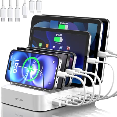 MSTJRY Charging Station for Multiple Devices : 6 Port USB Charger Stations - Family Multi-Device Organizer Charging Dock - Designed for iPhone iPad Android Cell Phone Tablet and Electronic, 