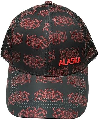 Robin Ruth Quality Ball Cap Hat Alaska Nylon Like Mesh Snap Back Black with All Over Red Crab