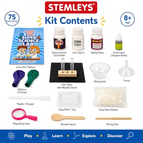 Image of Super Science Lab Kit for Kids, 75 Experiments STEM Educational Science Kit with Equipment, Chemicals and Instruction Manual, Age 8 Years+