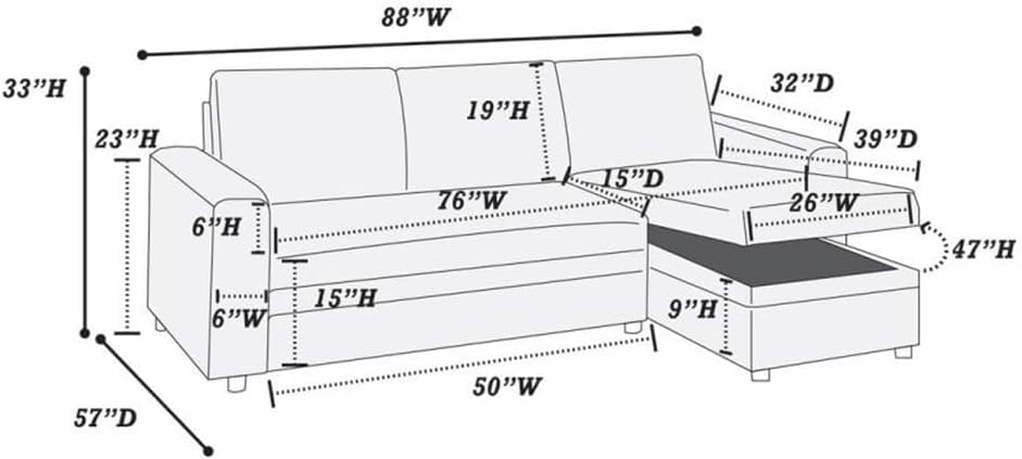 Convertible Sectional Sofa Ash Black Pull Out Bed Couch Storage Chaise Reversible Living Room Furniture Lounge(E)