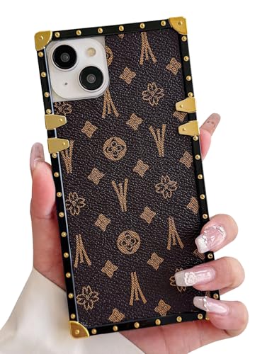 Dropcases Compatible with iPhone 15 Case Luxury Designer for Women Girls,Rectangle Edge PU Leather + Soft TPU Anti Drop Camera Protective Cover for iPhone 15-6.1 inch (Brown)