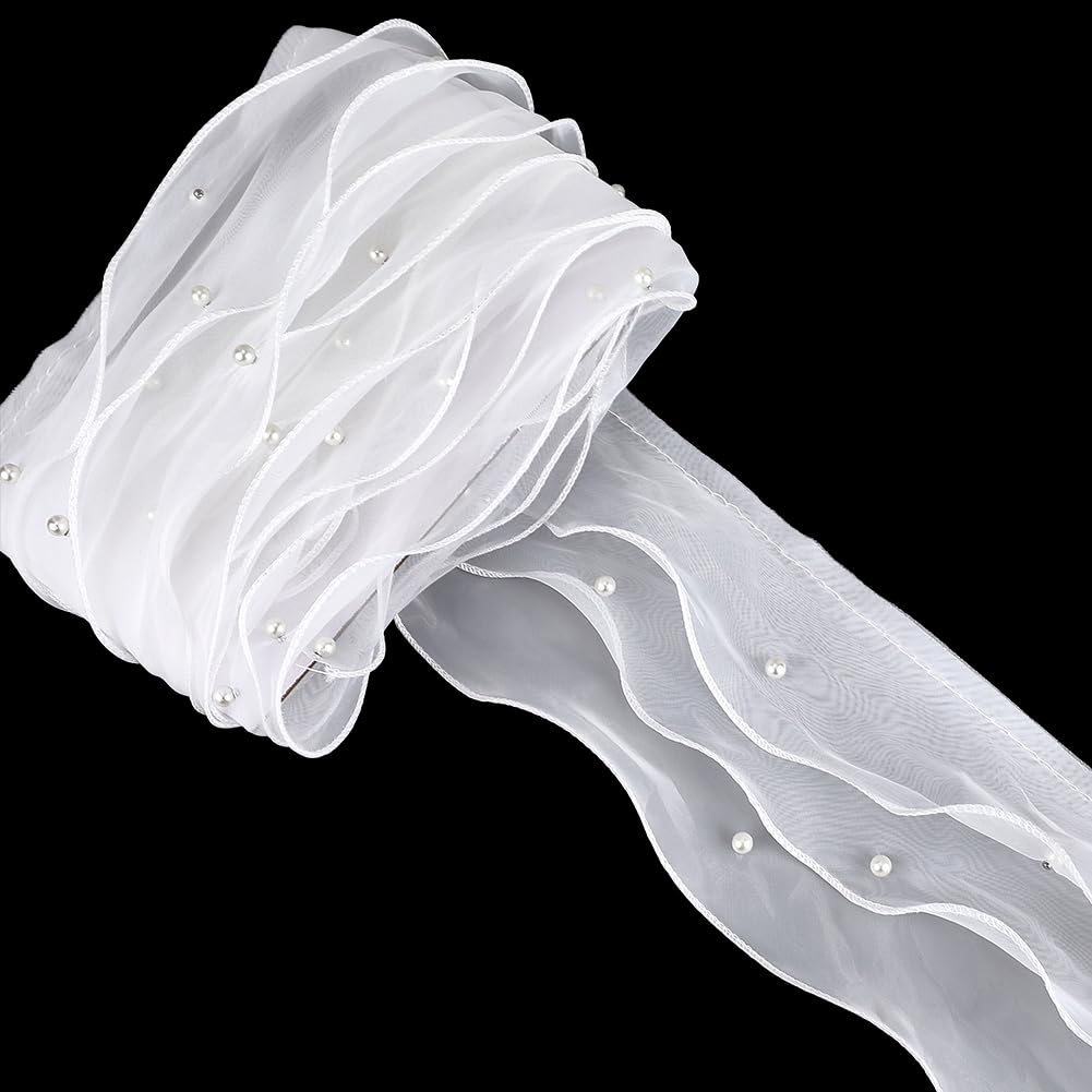 CABODYALS 5 Yards 115mm White Pearl Lace Trim Layered Organza Ruffle Fabric Vintage 3d Applique Pleated Edged Sheer Chiffon Wide Ribbons for Sewing Making Clothing Accessories Decor Bridal Diy Crafts