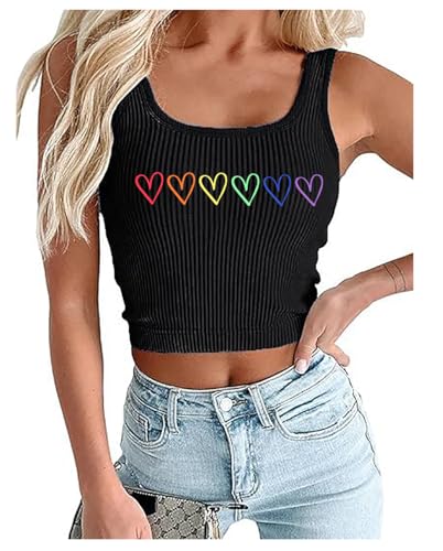 Pride Crop Tank Tops Women Cute Rainbow Hearts Graphic Tee Girls LGBT Gay Pride Crop Tops Casual Sleeveless Tshirt (S, Black3)