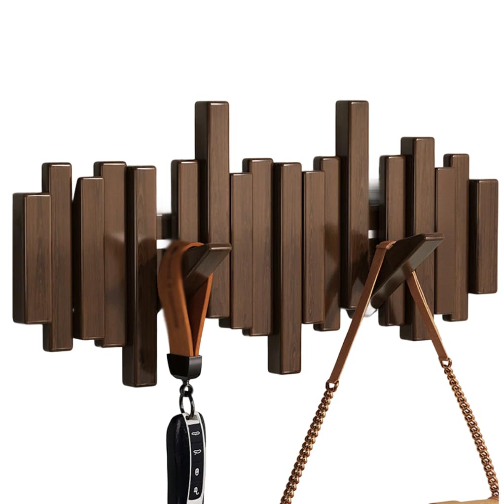Lmysxaoz Brown Solid Wood Foldable Coat Rack Wall Mount, Walnut Color Wooden Hooks Entryway Hanging Rail Clothes Towel Racks With Double Hook For Coat, Bag 3Hook