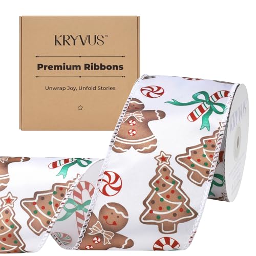 Kryvus Christmas Wired Ribbon 2.5 Inch X 10 Yards Gingerbread Candy Canvas Satin Ribbon with Wired Edge Perfect for Home Wreath DIY Craft Decoration Supplies Gift Wrapping