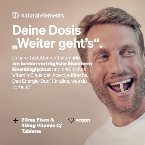 natural elements Eisen mit 40mg natürlichem Vitamin C – 240 vegane Eisentabletten – mit natürlichem Vitamin C aus Acerola – Chelat-Komplex (Eisenbisglycinat) – hochdosiert, ohne unnötige Zusätze