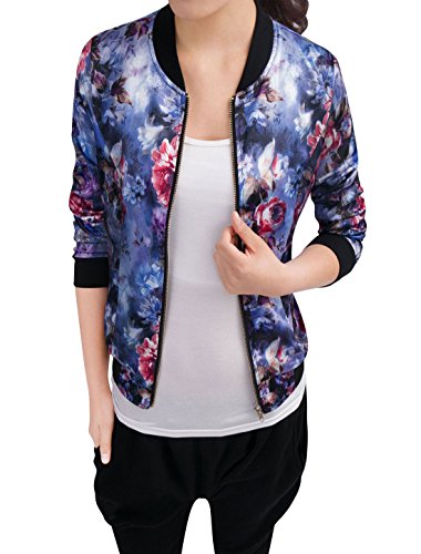 Allegra K Women's Long Sleeve Zip up Floral Print Casual Bomber Jacket Blue S