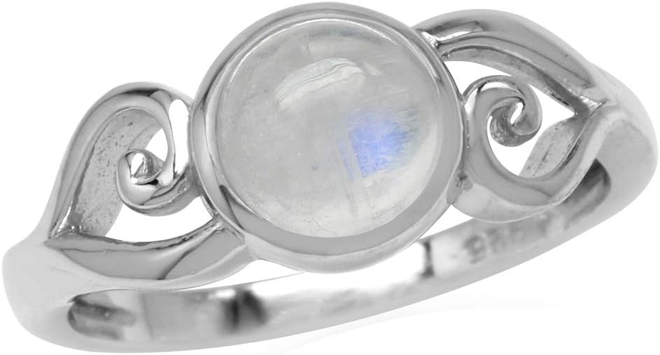 Silvershake 7mm Natural Round Shape Moonstone 925 Sterling Silver Swirl and Spiral Style Solitaire Ring